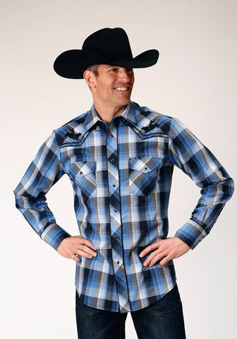 Roper Mens White Plaid Blue Cotton Blend L/S Shirt