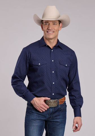 Roper Mens Diamond Dots Blue Cotton Blend L/S Shirt