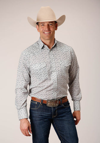 Roper Mens 1626 Mini Floral White/Blue Cotton Blend L/S Shirt