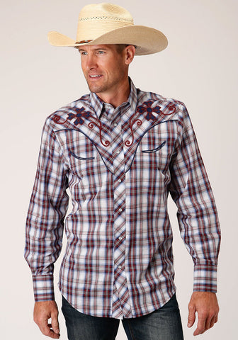 Roper Mens Fancy Applique Wine/White Cotton Blend L/S Shirt
