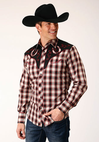 Roper Mens Fancy Yoke Horseshoe Wine/Cream Cotton Blend L/S Shirt