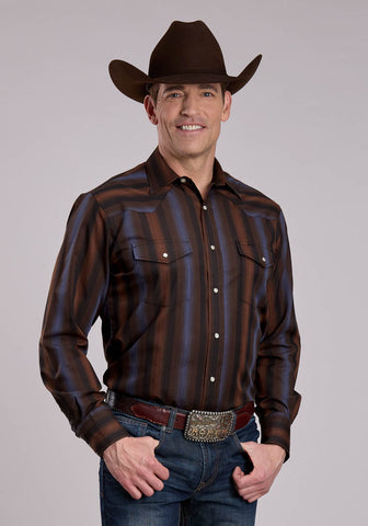 Roper Mens Wide Stripes Brown/Blue Cotton Blend L/S Shirt