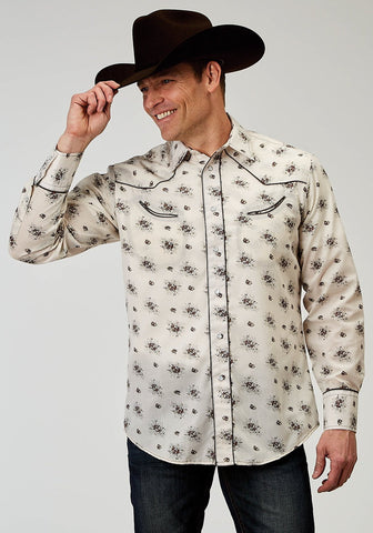 Roper Mens Vintage Floral Fancy Cream Cotton Blend L/S Shirt