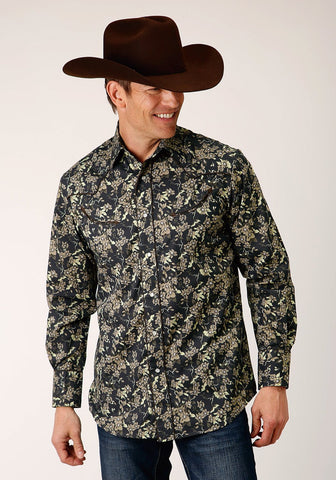 Roper Mens Vintage Dark Floral Black Cotton Blend L/S Shirt
