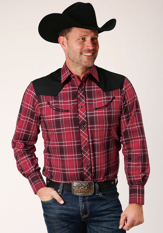 Roper Mens Contrast Fancy Yoke Red Cotton Blend L/S Shirt