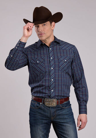 Roper Mens Windowpane Plaid Blue/Rust Cotton Blend L/S Shirt