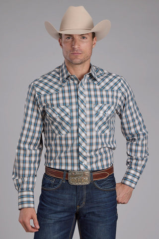 Roper Mens 2405 Plaid Turquoise Cotton Blend L/S Shirt