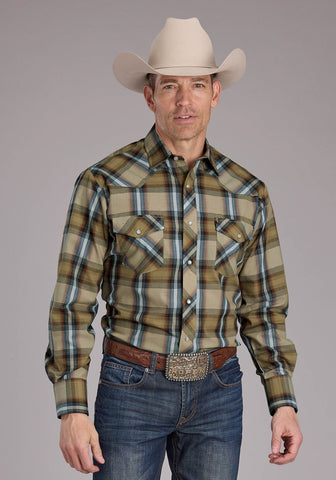 Roper Mens 2410 Plaid Tan Cotton Blend L/S Shirt
