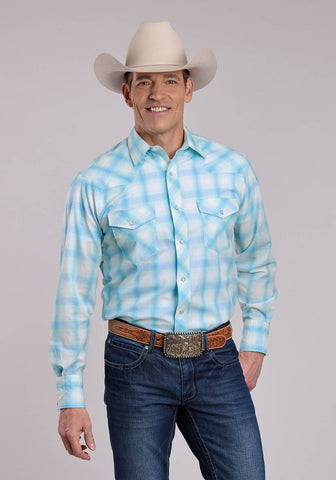 Roper Mens 2907 Plaid Cyan Cotton Blend L/S Shirt