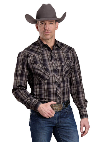 Roper Mens 2658 Plaid Black/Grey/Brown Cotton Blend L/S Shirt