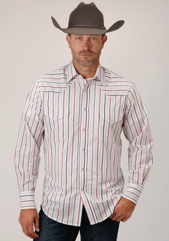 Roper Mens 80/20 Stripes Grey/Red 80% Polyester/20% Cotton L/S Shirt