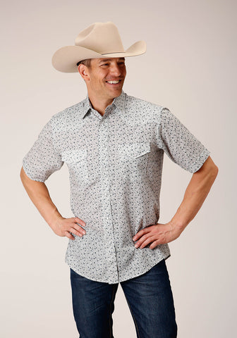 Roper Mens Mini Floral Blue Cotton Blend S/S Shirt