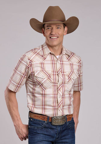 Roper Mens 2903 Plaid Cream/Wine Cotton Blend S/S Shirt