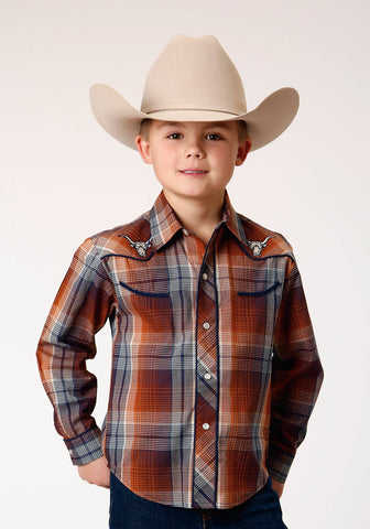Roper Boys Longhorn Plaid Brown Cotton Blend L/S Shirt