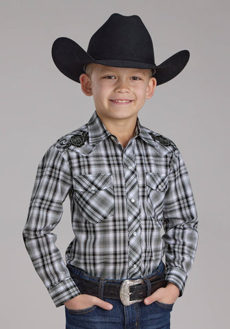 Roper Kids Boys 2126 Plaid Grey/Black Cotton Blend Rose L/S Shirt
