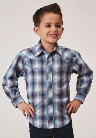 Roper Kids Boys 1973 Americana Plaid Grey Cotton Blend L/S Shirt