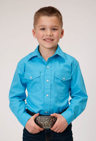 Roper Kids Boys Solid Broadcloth Blue Cotton Blend L/S Shirt
