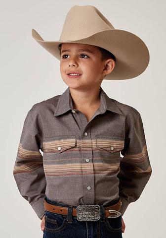 Roper Kids Boys 1965 Border Stripe Grey Cotton Blend L/S Shirt