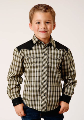 Roper Boys Windowpane Plaid Olive/Cream Cotton Blend L/S Shirt