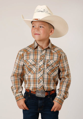 Roper Kids Boys 1630 Plaid Khaki/Forest Green Cotton Blend L/S Shirt