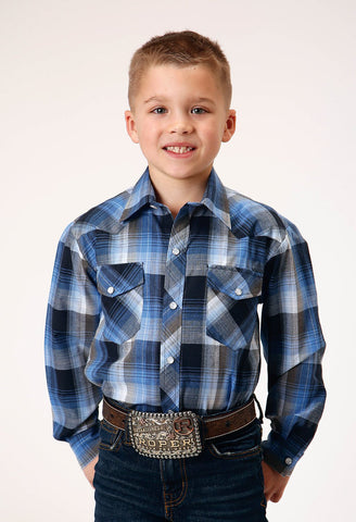 Roper Boys White Plaid Blue Cotton Blend L/S Shirt