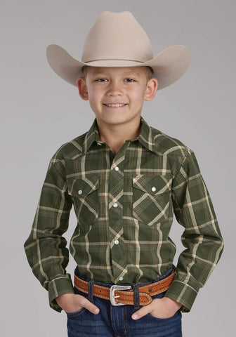 Roper Kids Boys 2127 Plaid Olive/Orange Cotton Blend L/S Shirt