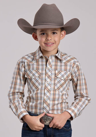 Roper Kids Boys 2902 Plaid Cream/Orange Cotton Blend L/S Shirt
