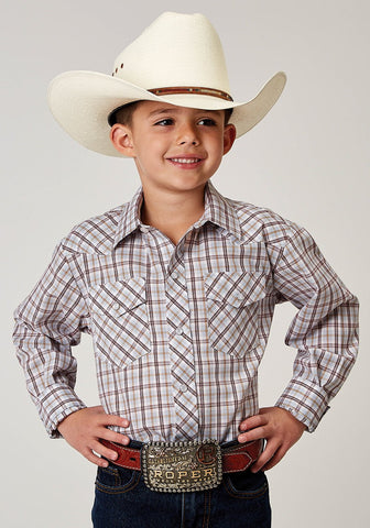 Roper Kids Boys 1969 Vintage Plaid Cream Cotton Blend L/S Shirt