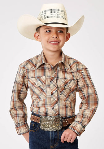 Roper Kids Boys 1970 Plaid Brown Cotton Blend L/S Shirt