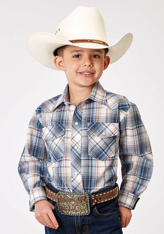 Roper Kids Boys 1971 Madras Plaid Blue Cotton Blend L/S Shirt