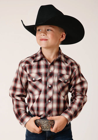 Roper Boys Cream Plaid Wine Cotton Blend L/S Shirt
