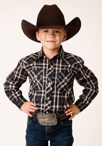 Roper Boys Gold Plaid Blue Cotton Blend L/S Shirt