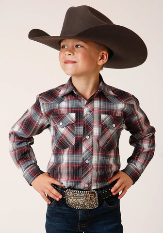 Roper Boys White Plaid Red Cotton Blend L/S Shirt