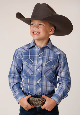Roper Boys 55/45 Plaid Blue/White Cotton Blend L/S Shirt