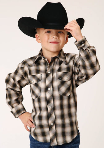 Roper Kids Boys 1210 Plaid Black/Cream Cotton Blend L/S Shirt