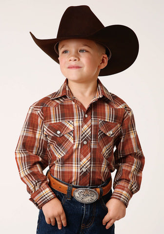 Roper Kids Boys 1213 Plaid Rust/Cream Cotton Blend L/S Shirt