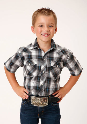 Roper Kids Boys 55/45 Plaids White/Black Cotton Blend S/S Shirt
