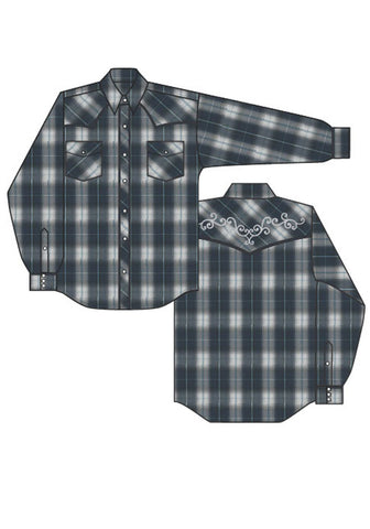 Roper Womens 1509 Large Scale Plaid Navy/Grey Cotton Blend L/S Shirt