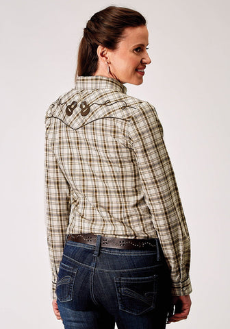 Roper Womens 1968 Desert Plaid Brown Cotton Blend Guitars L/S Shirt