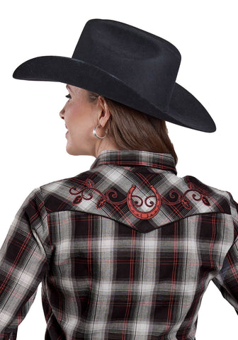 Roper Womens 2654 Horseshoe Plaid Black/Red Cotton Blend L/S Shirt
