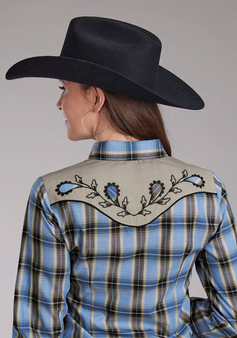 Roper Womens 2412 Fancy Applique Blue/Brown Cotton Blend L/S Shirt