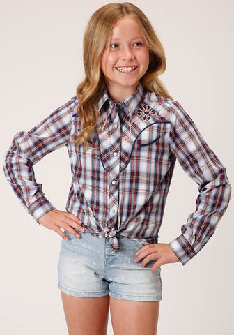 Roper Kids Girls 1510 Plaid Wine/Navy Cotton Blend Fancy L/S Shirt