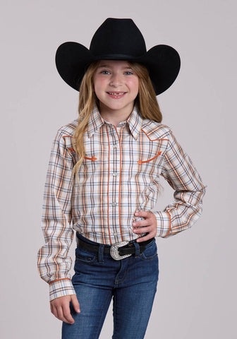 Roper Kids Girls 2902 Plaid Cream/Orange Poly/Cotton Fancy Yoke L/S Shirt