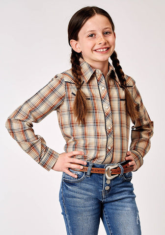 Roper Kids Girls 1970 Plaid Brown Cotton Blend Fancy L/S Shirt