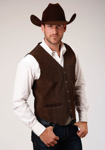Roper Mens Antique Brass Front Yokes Brown Suede Leather Vest