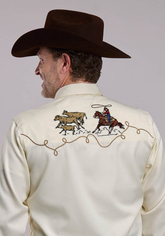 Roper Mens Roping Steers Cream Poly/Rayon L/S Shirt