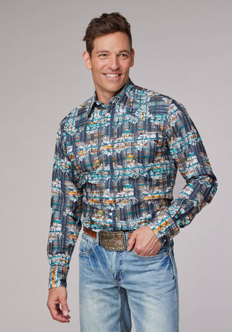 Roper Mens 2002 Distressed Tropical Grey 100% Cotton L/S Shirt