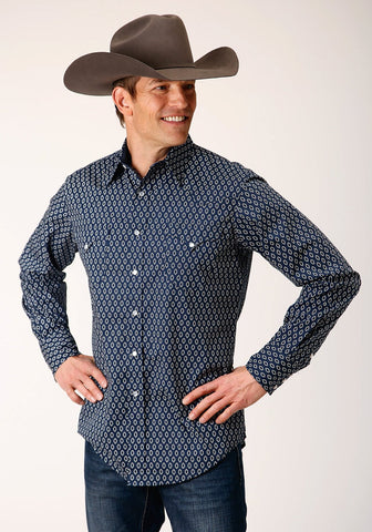 Roper Mens Midnight Geo Blue 100% Cotton L/S Shirt