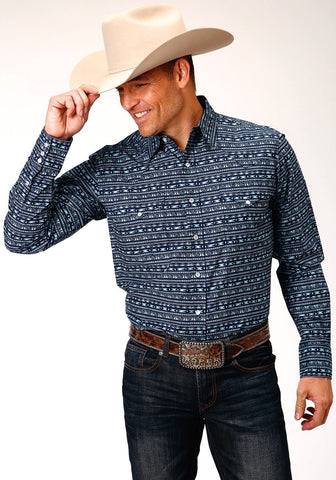 Roper Mens Zig Zag Tribal Blue 100% Cotton L/S Shirt