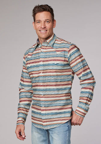 Roper Mens 2007 Distressed Aztec Cream 100% Cotton L/S Shirt